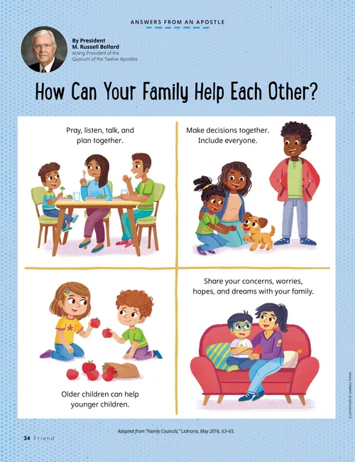 Page PDF with illustrations of a family eating together, a family with a dog, two children picking up apples that were dropped, and a boy and a woman sitting together and talking