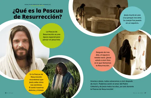 PDF de una página con imágenes de Jesucristo que sonríe y ora en el Jardín de Getsemaní, el sepulcro vacío y Jesús resucitado apareciéndose a María