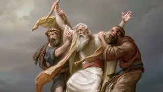 Moses sitting on a rock having his hands held up by Aaron and Hur.