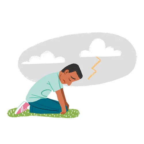 young man feeling sad, with clouds above him