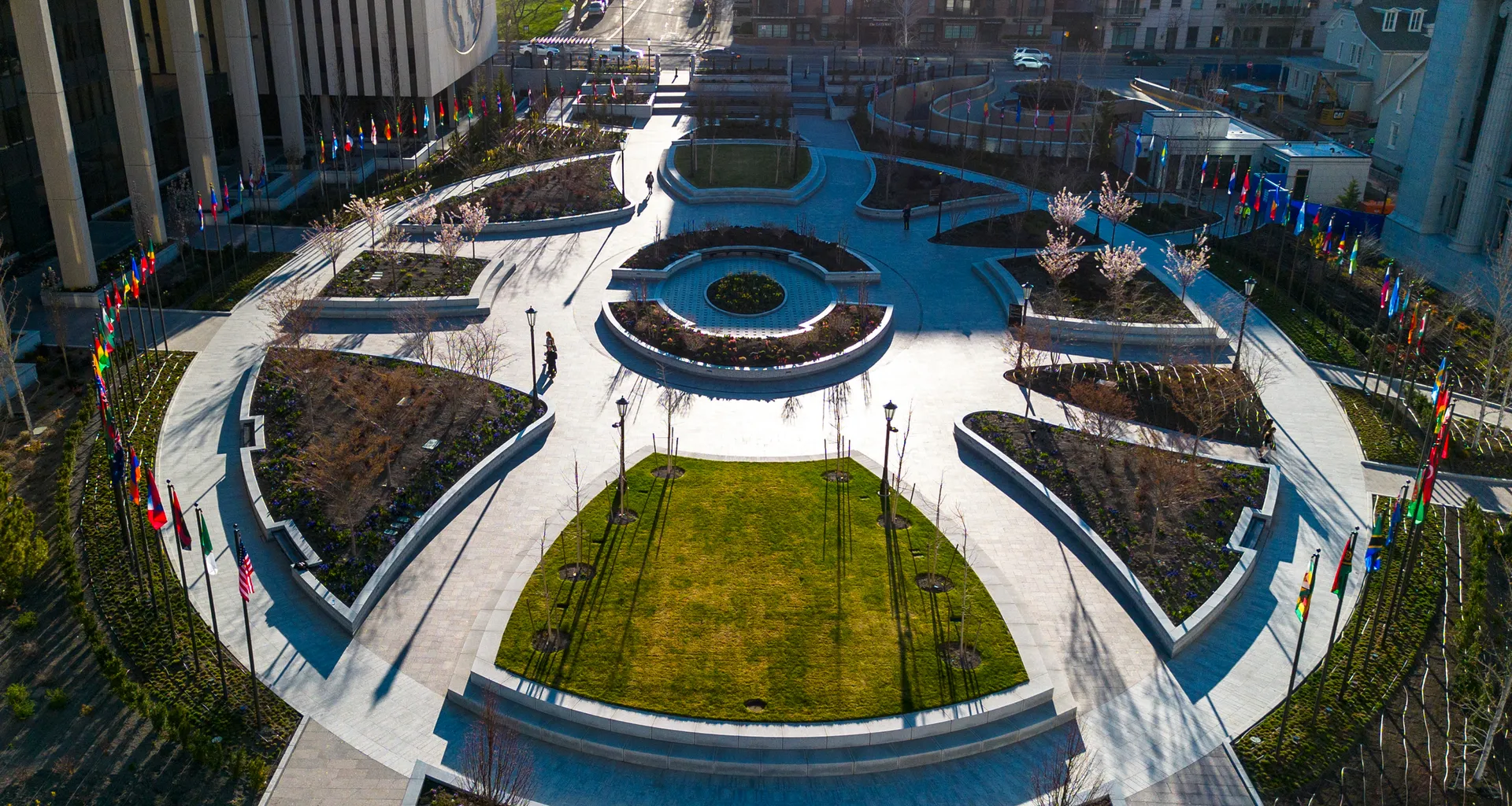 New Church Office Building Plaza with Flags