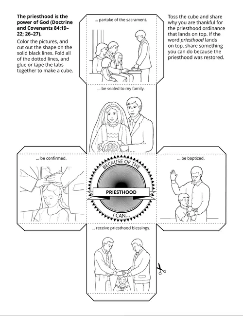 Line art illustration is a paper-folding activity that depicts use of the priesthood in life.