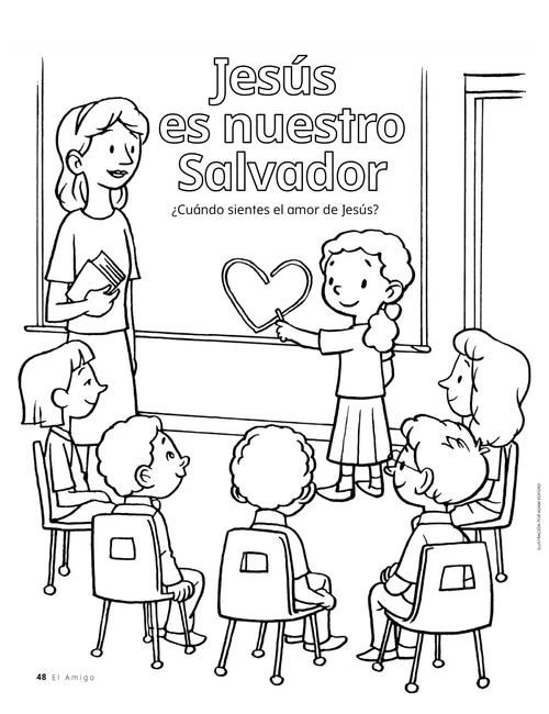 Página para colorear de una maestra y niños en una clase de la Primaria y una niña dibujando un corazón en la pizarra