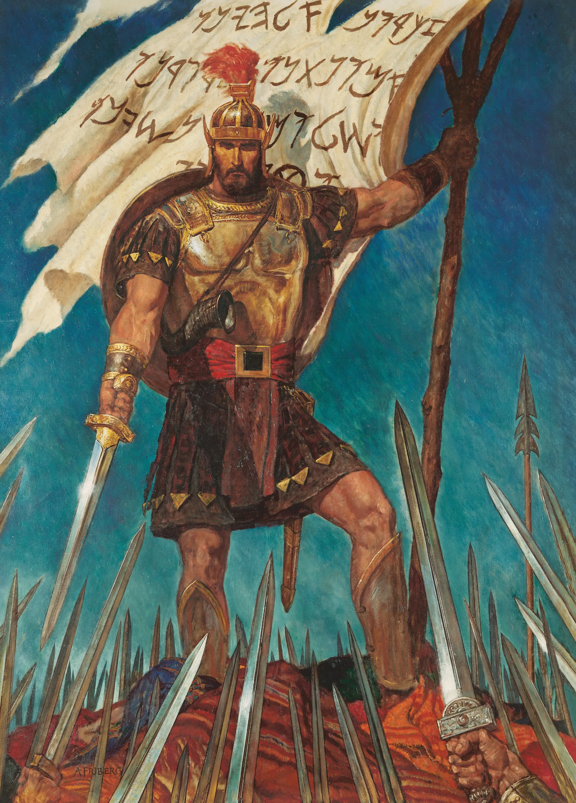 Captain Moroni Raises the Title of Liberty (Captain Moroni and the Title of Liberty), by Arnold Friberg (62051); GAK 312; GAB 79; Alma 46:10–37