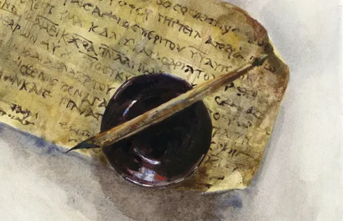 parchment with ink bowl and writing tool