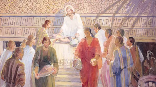 Christ at a table preparing the sacrament for the Nephites