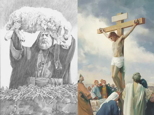 composite of an Old Testament priest offering a lamb as a sacrifice, and an image of Jesus Christ on the cross