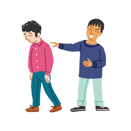 young man ridiculing another young man, who looks sad