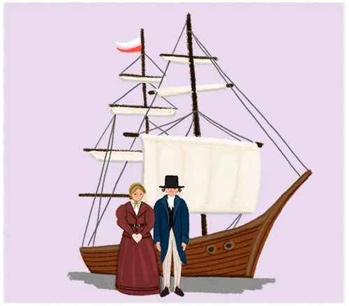 Pioneers standing in front of a boat