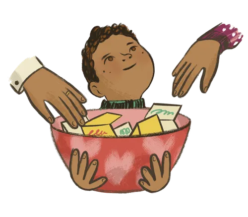 Barn holder en skål med papir i