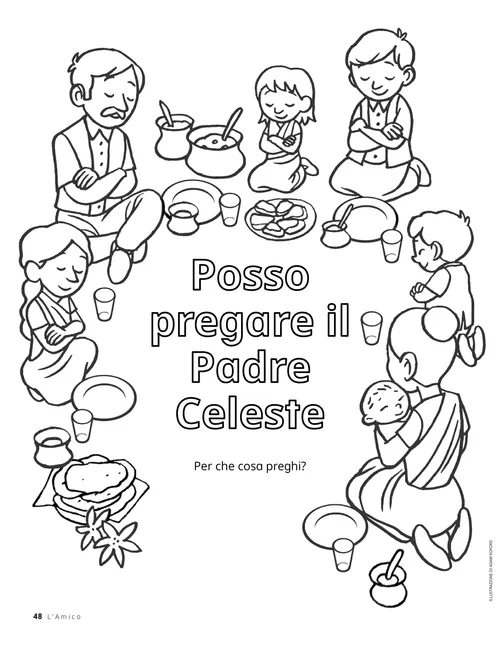 Pagina da colorare raffigurante una famiglia che prega per benedire il cibo