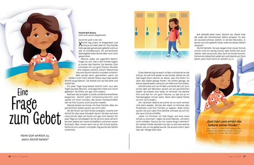 PDF: Ein Mädchen liegt wach im Bett, geht in der Schule an Schließschränken vorbei, kniet am Bett und betet