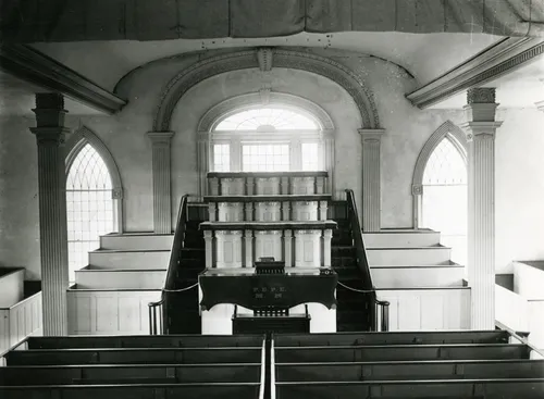 Photograph of the pulpits in the ground-floor assembly hall of the Kirtland Temple