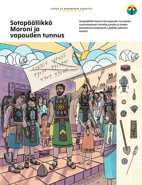 Piilokuva-PDF, jossa sotapäällikkö Moroni pitelee vapauden tunnusta