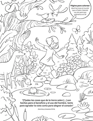 a coloring page of a girl walking through a forest scene