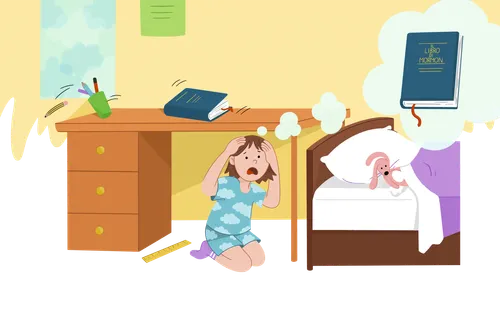 Girl under desk with thought bubble of Book of Mormon