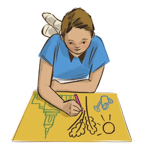 A child drawing plants and a temple