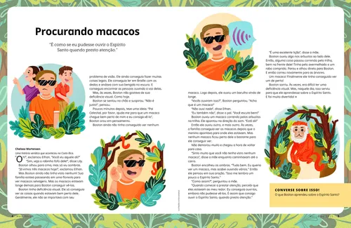 Página em PDF de um menino de óculos escuros ouvindo macacos em um ambiente de selva