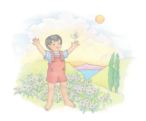 A watercolor illustration of a small boy with black hair standing in a meadow of flowers and reaching toward a butterfly.