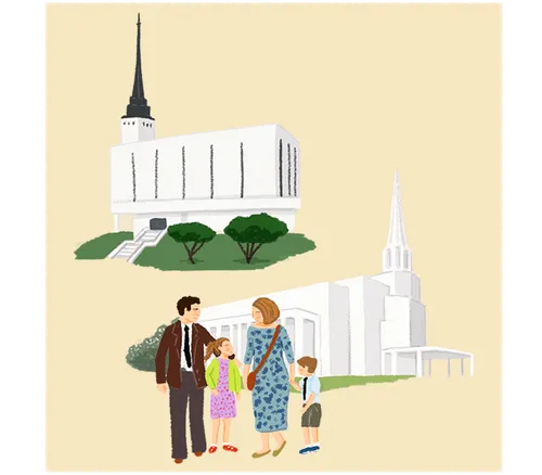 Preston England Temple and London England Temple with a family walking in front of it. Girls in dresses and boys in white shirts and ties and slacks.