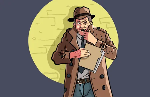 older man who looks like a secret agent holding a file full of papers