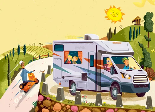 Familie kører i autocamper