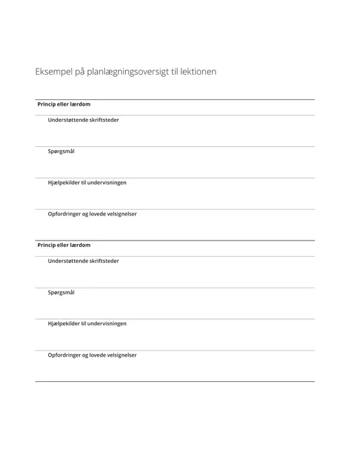 Eksempel på oversigt til planlægning af lektionen