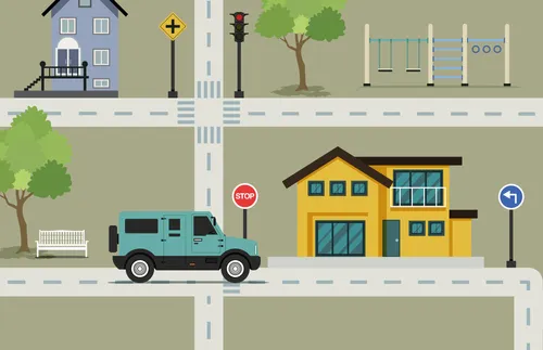 car on a street in front of a yellow house