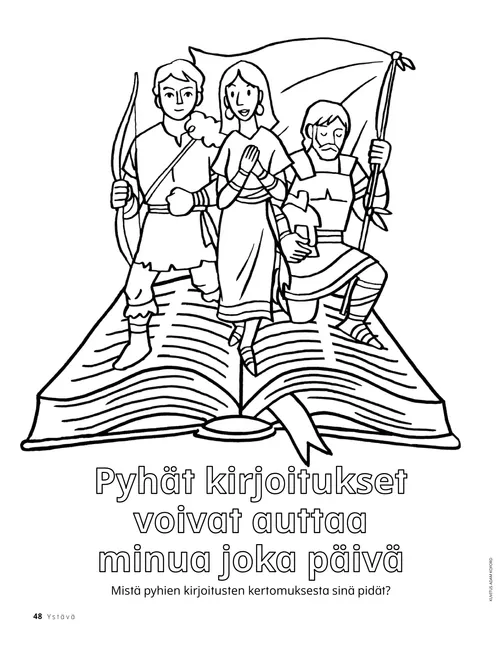 Värityskuva-PDF, jossa pyhien kirjoitusten henkilöitä tulee esiin pyhästä kirjasta