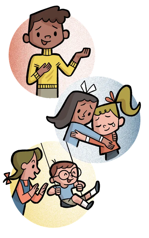 A boy talking, two girls hugging, and a girl pushing a child on a swing