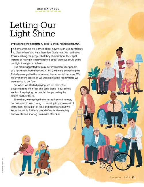 Page PDF with illustration of two girls playing string instruments for people at a nursing home