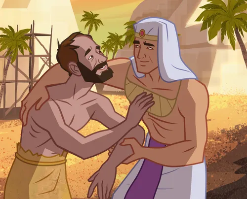 Moses with his arm around an Israelite slave, supporting him