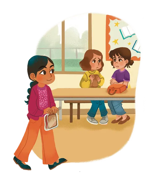 Girl carrying a sandwich walking past two girls sitting at a lunchroom table