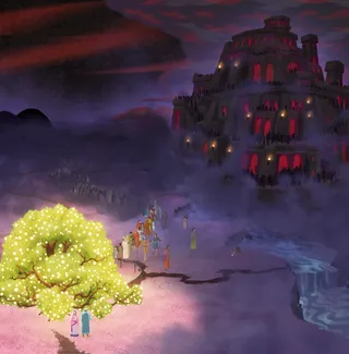 tree, river, and large building