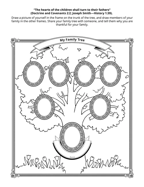 Illustrated family tree with oval frames for ancestor pictures.