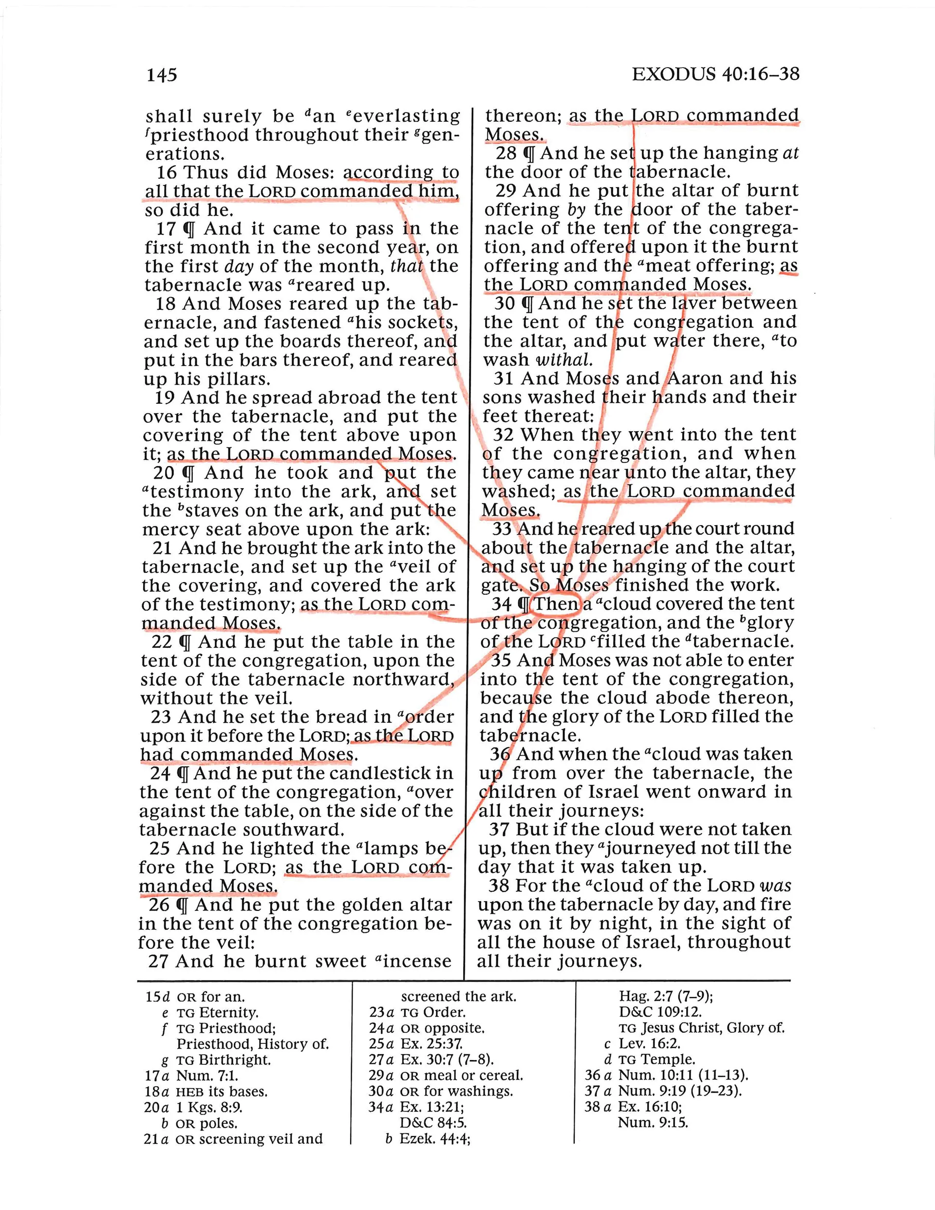 Exodus 40 marked up with a red pencil.
