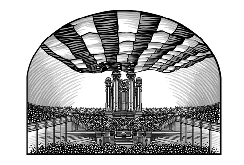 Salt Lake Tabernacle with large U.S. flag spread across ceiling