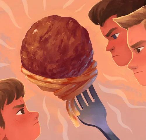 Three boys glaring at each other and a meatball on a fork