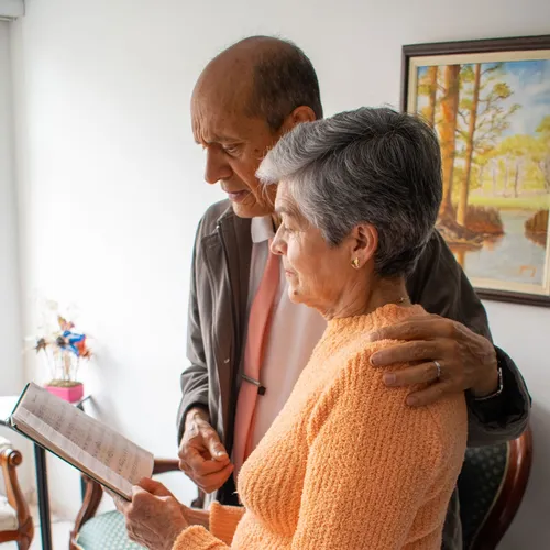 Church members singing from a hymnbook at home
