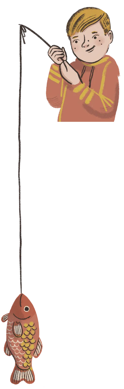 A boy with a fishing rod with a fish on the end of his line