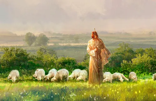 Jesus Christ standing in a field and watching over sheep