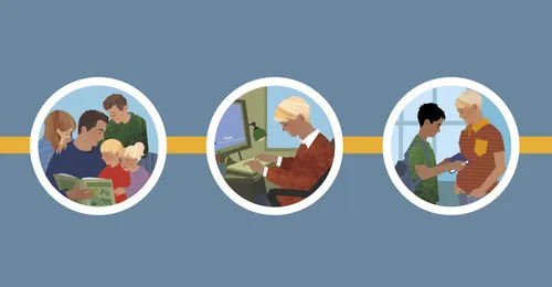 boy with family, computer, and friend