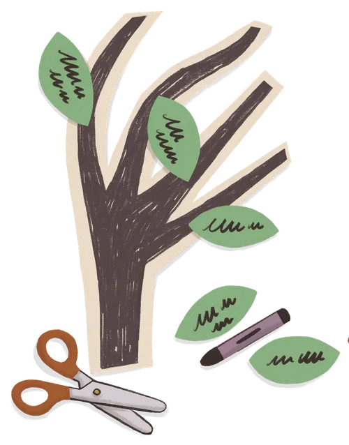 A drawing of a paper tree next to scissors and a crayon
