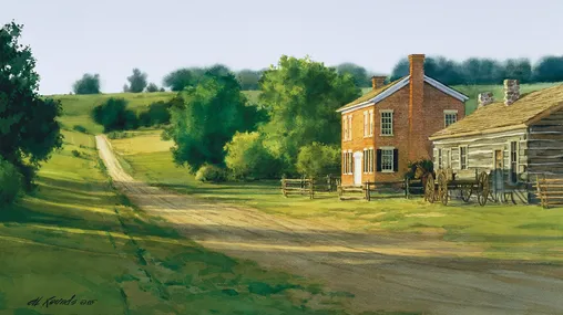 Landscape painting depicting the site for the LDS temple to be built in Independence, Missouri, and the courthouse in which Joseph Smith, Jr. purchased the temple property. The temple site is depicted in the background of the painting. Also depicted is a log cabin (possibly owned by Newel K. Whitney) next to the courthouse.
