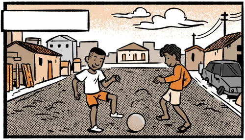 Two boys playing soccer in a street