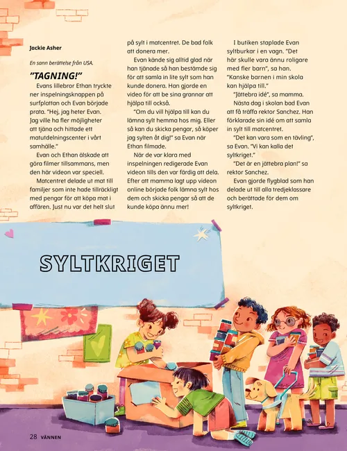 Pdf-sida med illustration av barn som samlar in burkar med sylt.