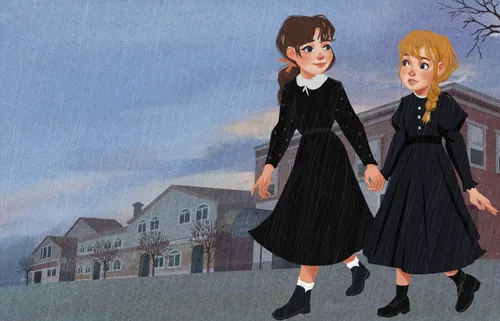 Two girls in black dresses holding hands and walking together