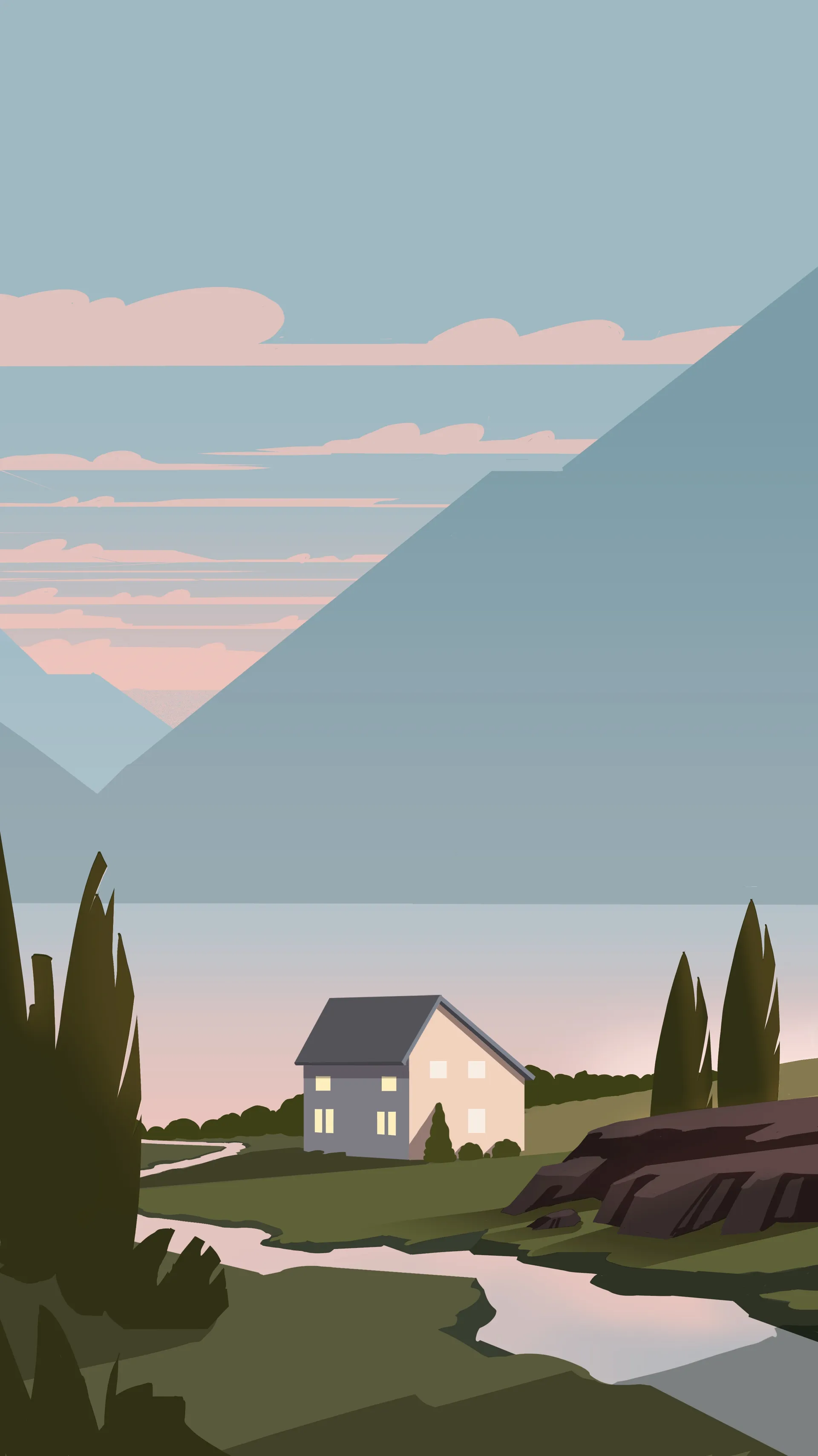 A home situated beside a lake, a river, and mountains.