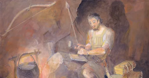 Moroni writing on golden plates