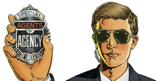 young man with suit, sunglasses, earpiece, and badge